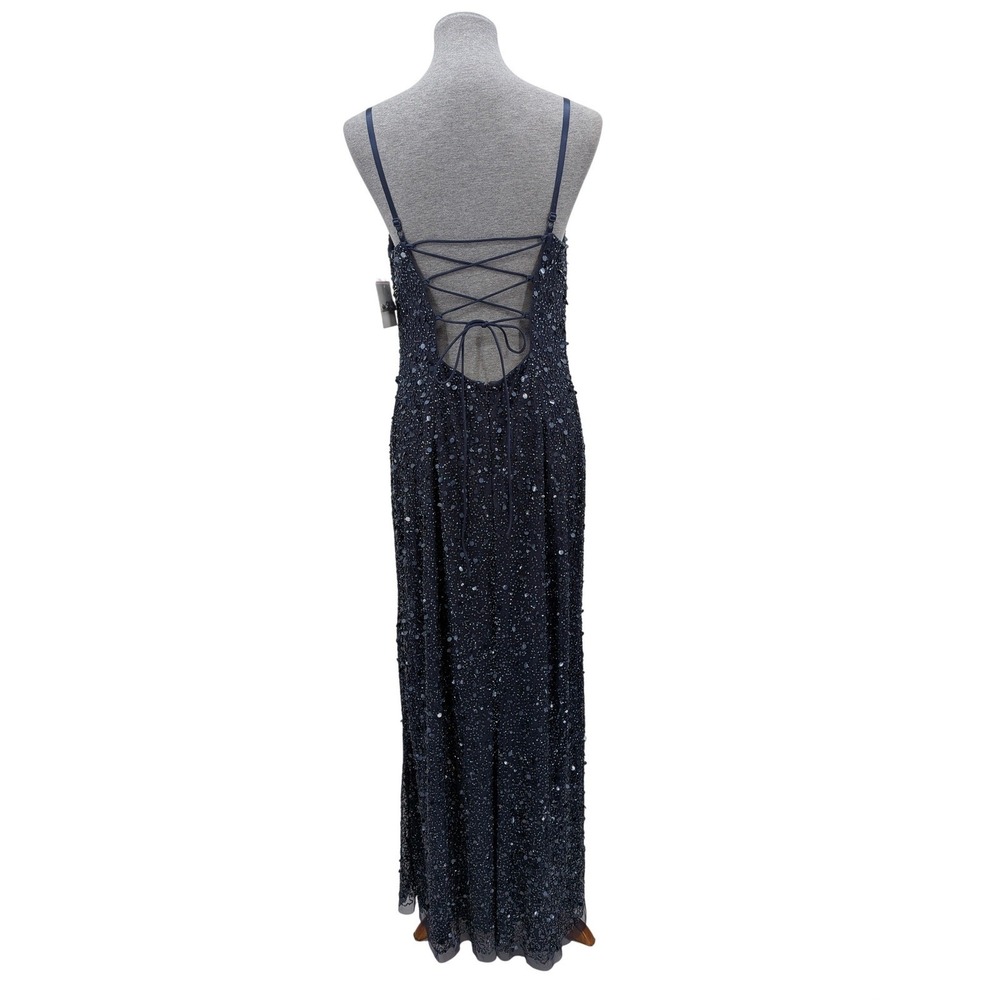 Prom Wedding Blue Gold All Over Sequins Beads Lace Up Back Floral Slit 12 Dress - Picture 3 of 14